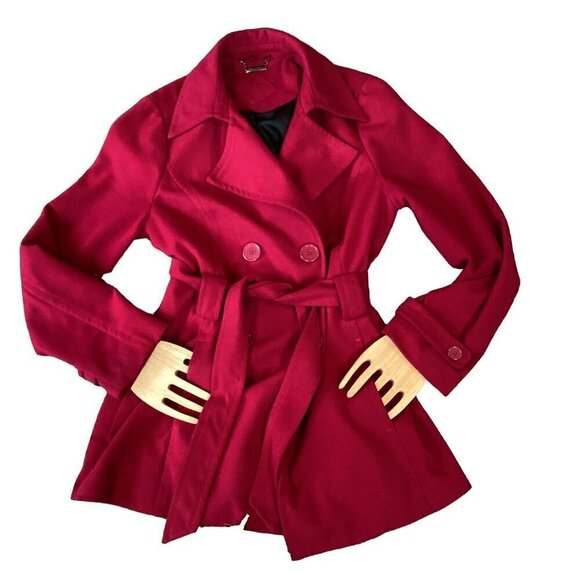 Jou Jou Red Peacoat/Trenchcoat Double Breasted Sz L #301C - Picture 1 of 9